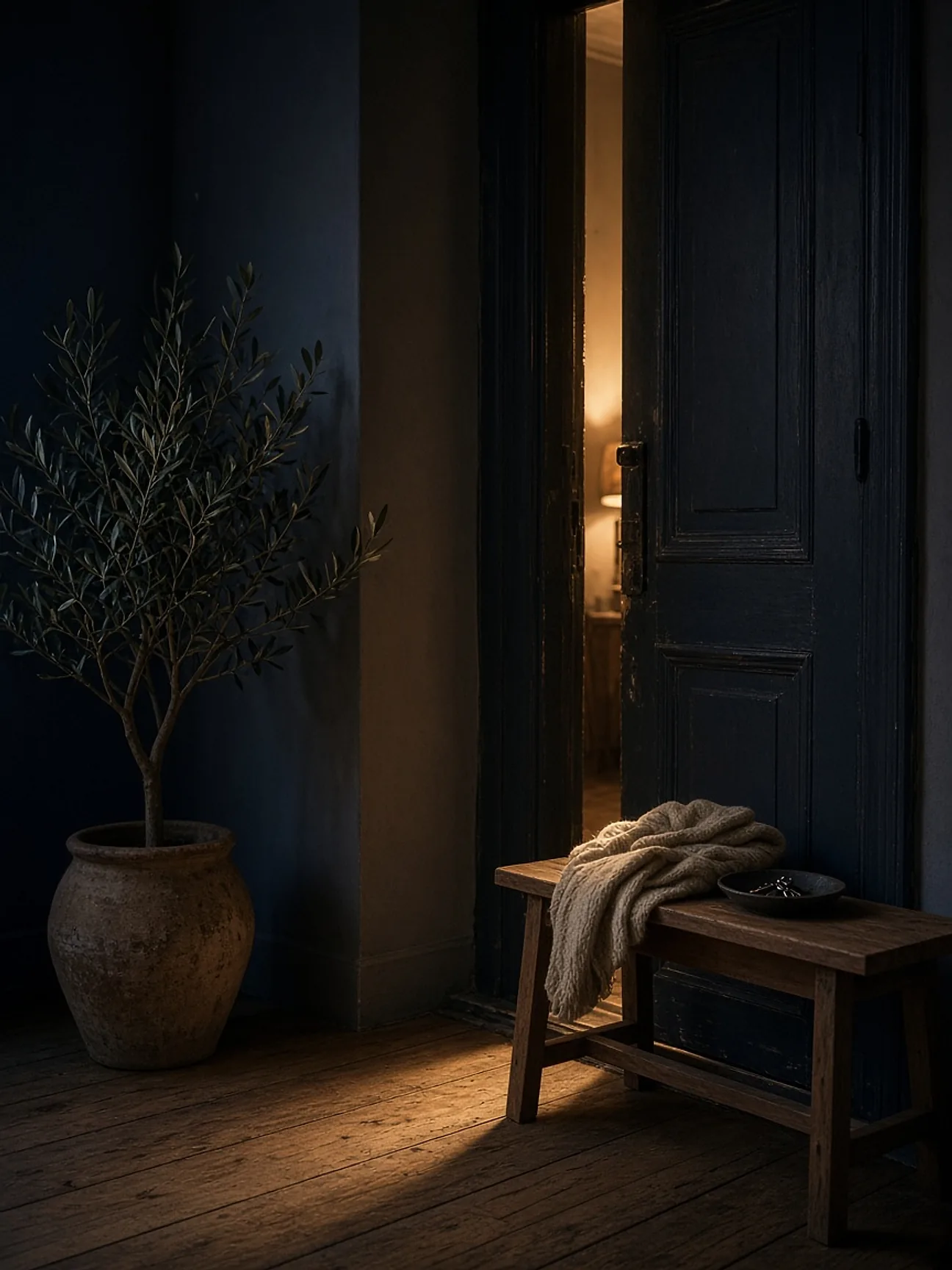La puerta de casa entreabierta, con luz cálida en el recibidor.