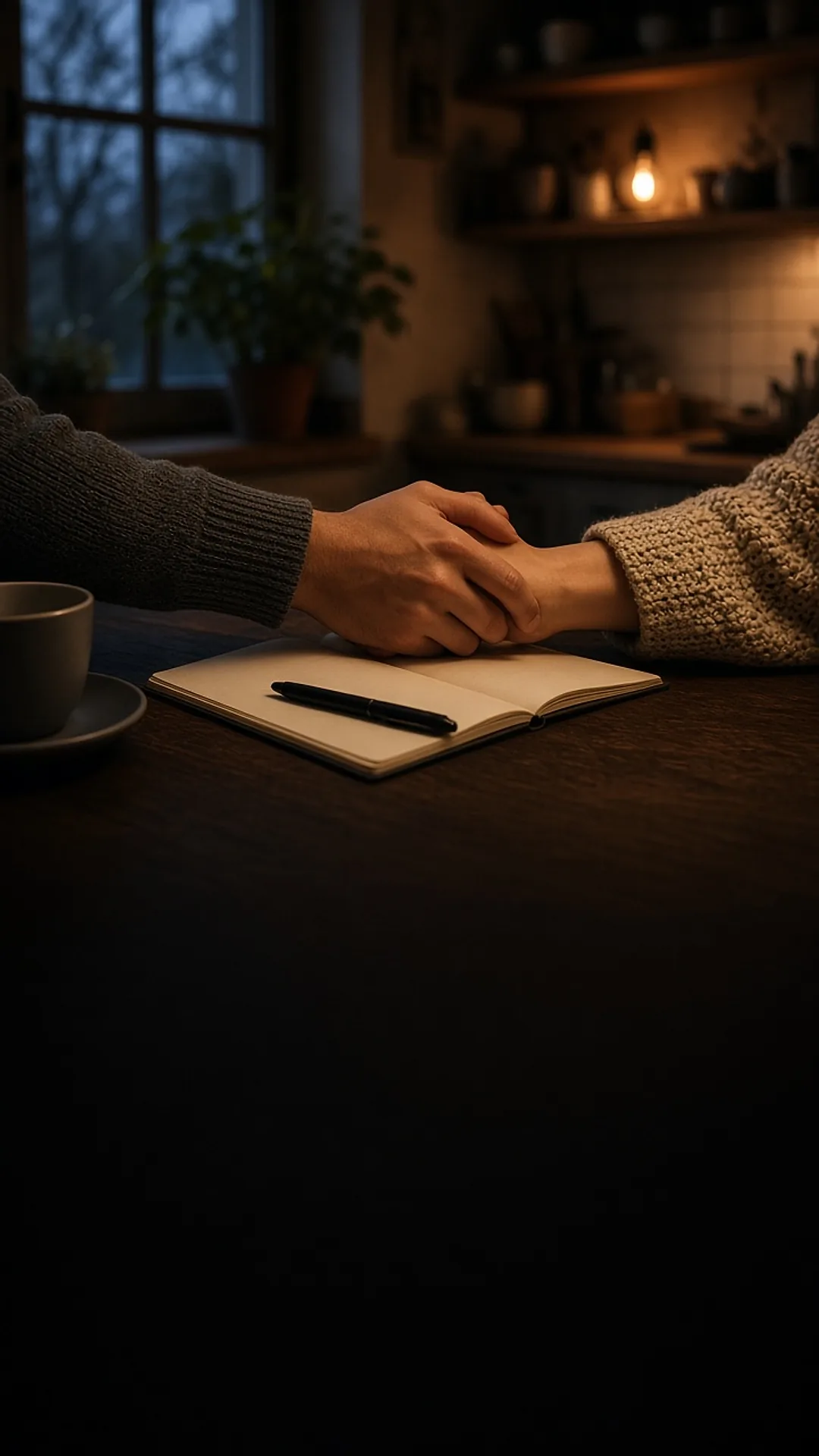 Dos personas se dan la mano sobre la mesa de la cocina, junto a un café y una libreta abierta.